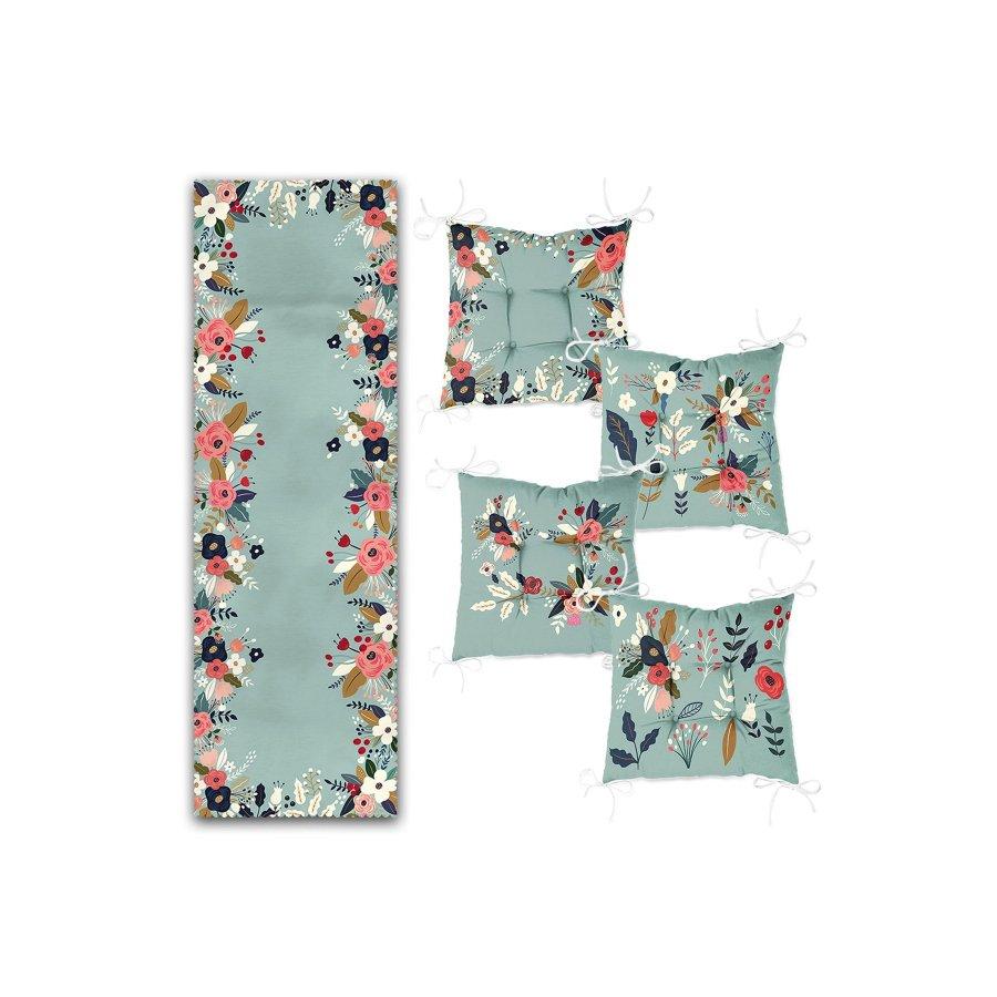 Набор подушек для стула с цветочным узором, цифровая печать / 4 квадратных подушки для стула 40 × 40 см и 1 дорожка