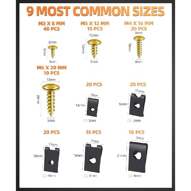 Zlirfy 170Pcs U Nut Clips, 9 Different Sizes Automotive U Nut And Screw Clip,Metal Body Panel Clip Fasteners,Auto Car Clips Fasteners Screws Set