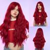 Long Wavy Wig Red with Long Bangs Dark Root Synthetic Wigs for Women Cosplay Party Wear Heat Resistant