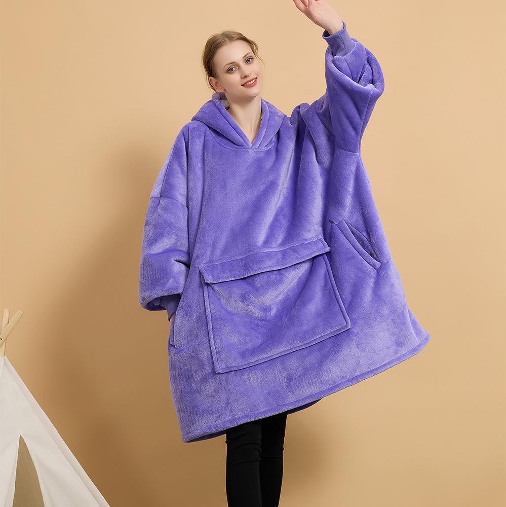 Manufacture Comfortable 100% Polyester Hooded Blanket Flannel Fleece Solid Color Cozy Warm Blanket Hoodie