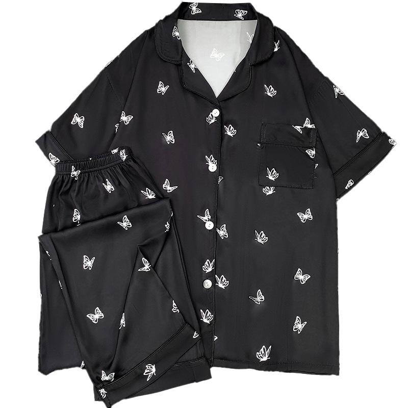Silver Butterfly Print Pajamas Summer Cool Ice Silk Short Sleeves Trousers Student Dormitory Set