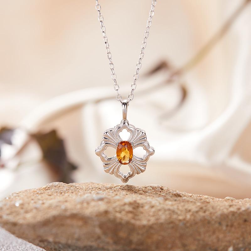 S925 Sterling Silver Natural Colored Treasure Necklace Women'S Niche Light Luxury High-End Set French Retro Brushed Collarbone Chain