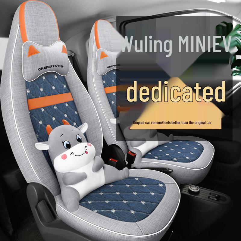 Cartoon Linen Seat Cover for Wuling Hongguang MiniEV Macaron – Full Wrap Interior Cushion