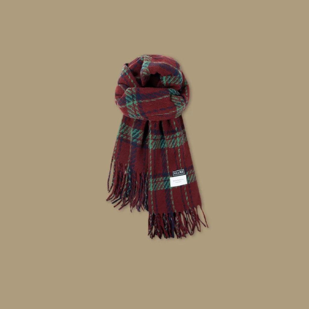 Red Scarf Retro Plaid Winter New Versatile Warm Korean Version Couple Scarf College Thickened Premium Scarf