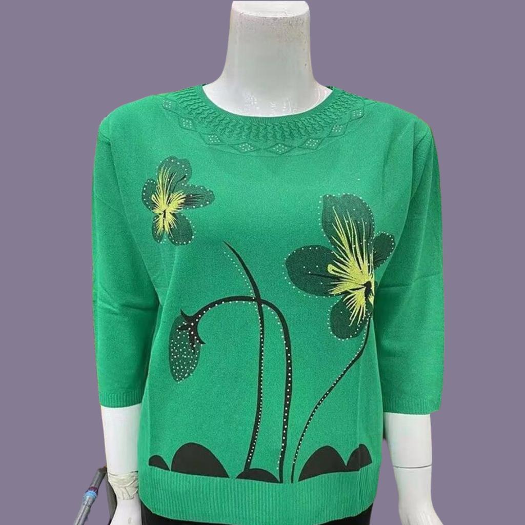 Spring Summer Women's Ice Silk Plus-Size Sweater Thin Round Neck Loose-Fit Printed Pullover Sweater 3/4sleeve Knitwear