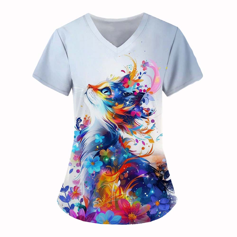 Medical Uniform for Women Cute Cat 3D Print V-Neck Clinical Uniform Short Sleeve Patch Pocket Tops Surgical Women's Uniforms