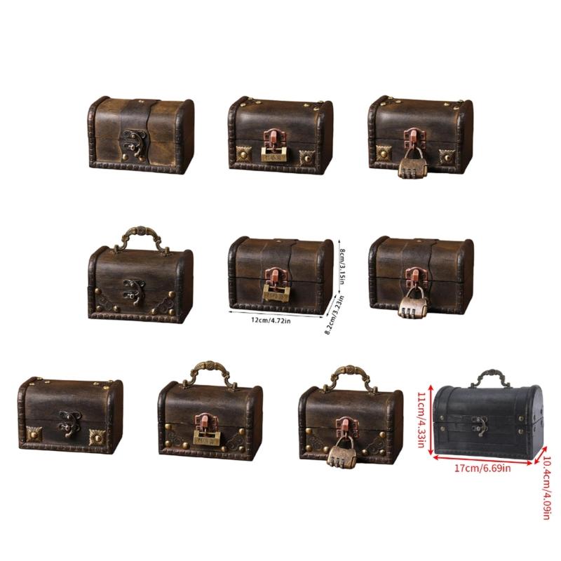 Vintage Wooden Treasure Chests Lockable Jewelry Storage Box Antique Style Decorative Organizers for Home Bedroom Decors