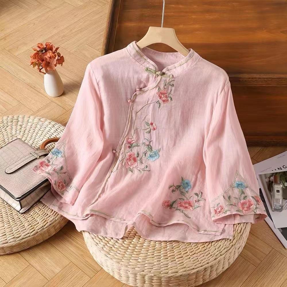 Women S Vintage Chinese Style Linen Cotton 3 4 Sleeve Shirt