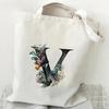 26 Letters Flower Tote Bag For Women Eco Reusable Shoulder Bagslarge Capacity Canvas Casual Harajuku Shopping Shopper Handbag