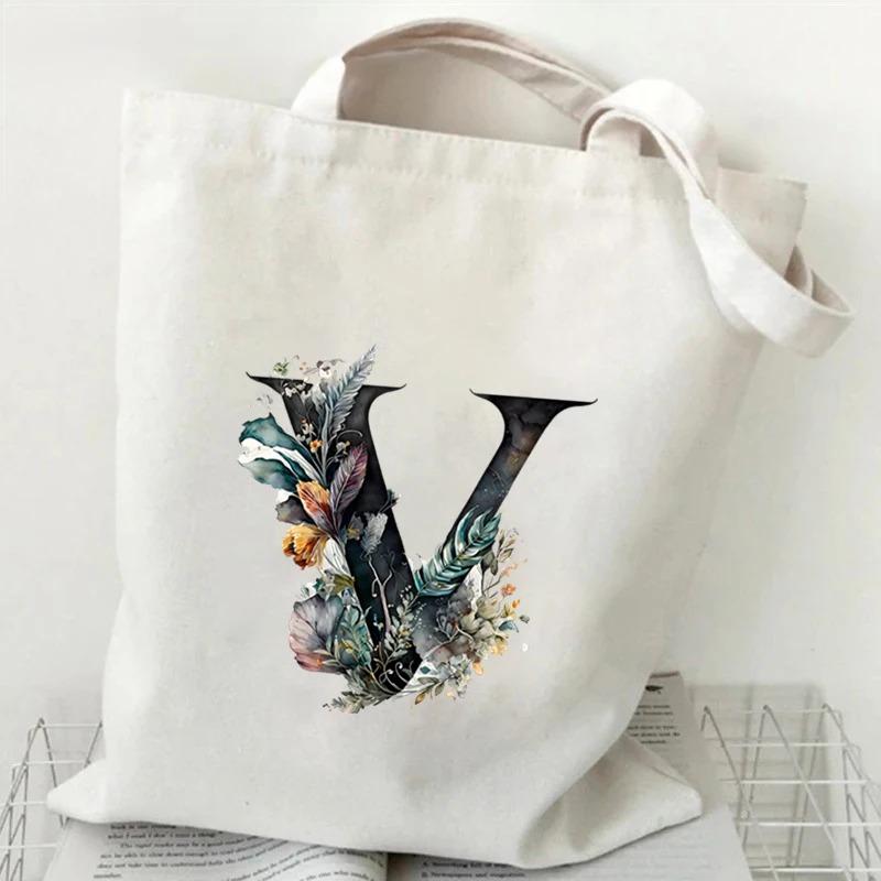 26 Letters Flower Tote Bag For Women Eco Reusable Shoulder Bagslarge Capacity Canvas Casual Harajuku Shopping Shopper Handbag