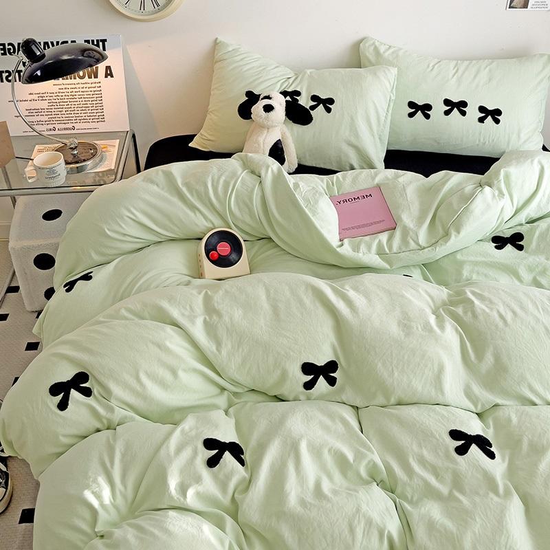 Black Bow Embroidery Duvet Cover 3 Pieces Set Girl Adult Bedroom Pink Decor Quilt Cover Solid Color Bedding with 2 Pillowcases