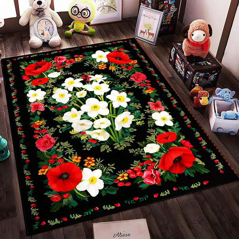Floral Pattern Carpet with Red and White Blossoms on Black Background Suitable for use as an anti-slip for living room bedroom sofas