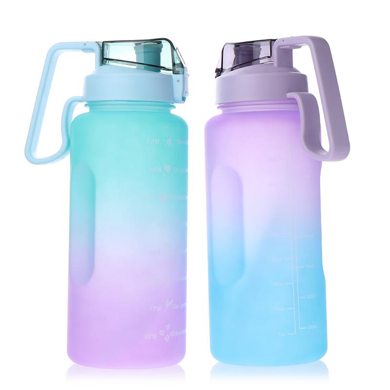 2L Large Capacity Water Bottle Straw Cup Gradient Color Plastic Water Cups With Time Marker Outdoor Fitness Sports Bottle