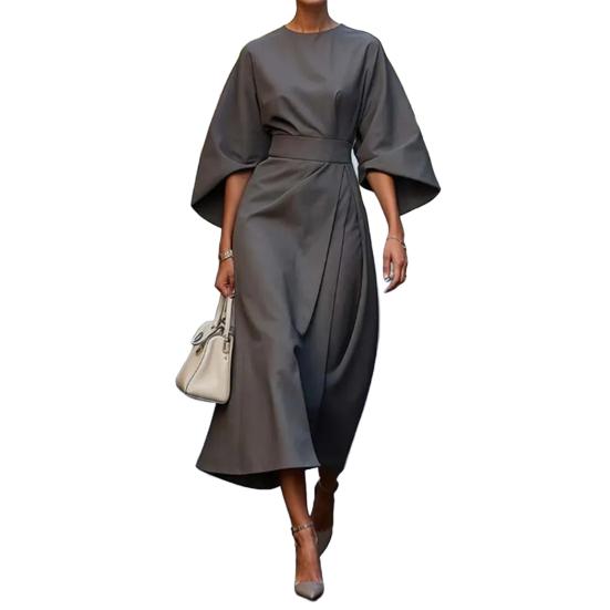 Lady Midi Dress Three Quarter Dolman Sleeves Slim High Waist Solid Color Round Neck Long Dress Summer Spring Prom Party Dating Dress