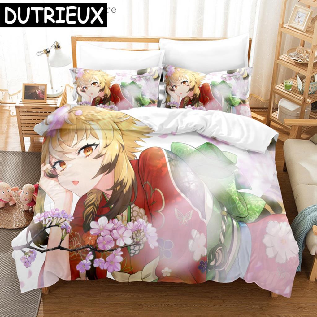 Аниме Genshin Impact Люмин Пододеяльник Мультяшная Девушка Постельное Белье Комплекты Полуторный Двуспальный Комплект для Домашнего Текстиля