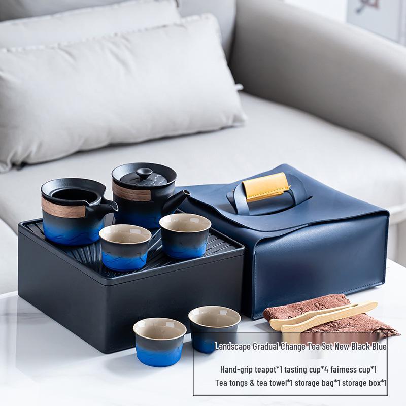 Элегантный портативный керамический чайный набор с деревянным подносом: 1 чайник и 4 чашки для приключений на открытом воздухе