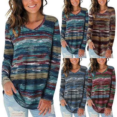 Источник новой осенне-зимней женской верхней шелковой матовой цифровой печатной футболки с V-образным вырезом и длинными рукавами, футболки большого размера для женщин