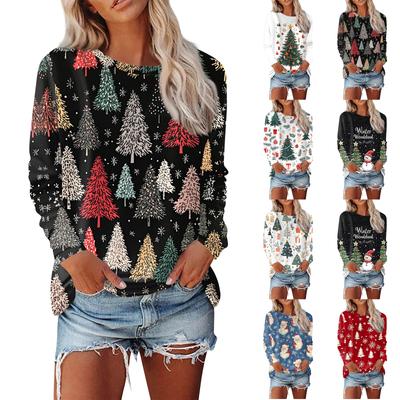 Женская мода, повседневная блузка с длинным рукавом и круглым вырезом, пуловер с принтом