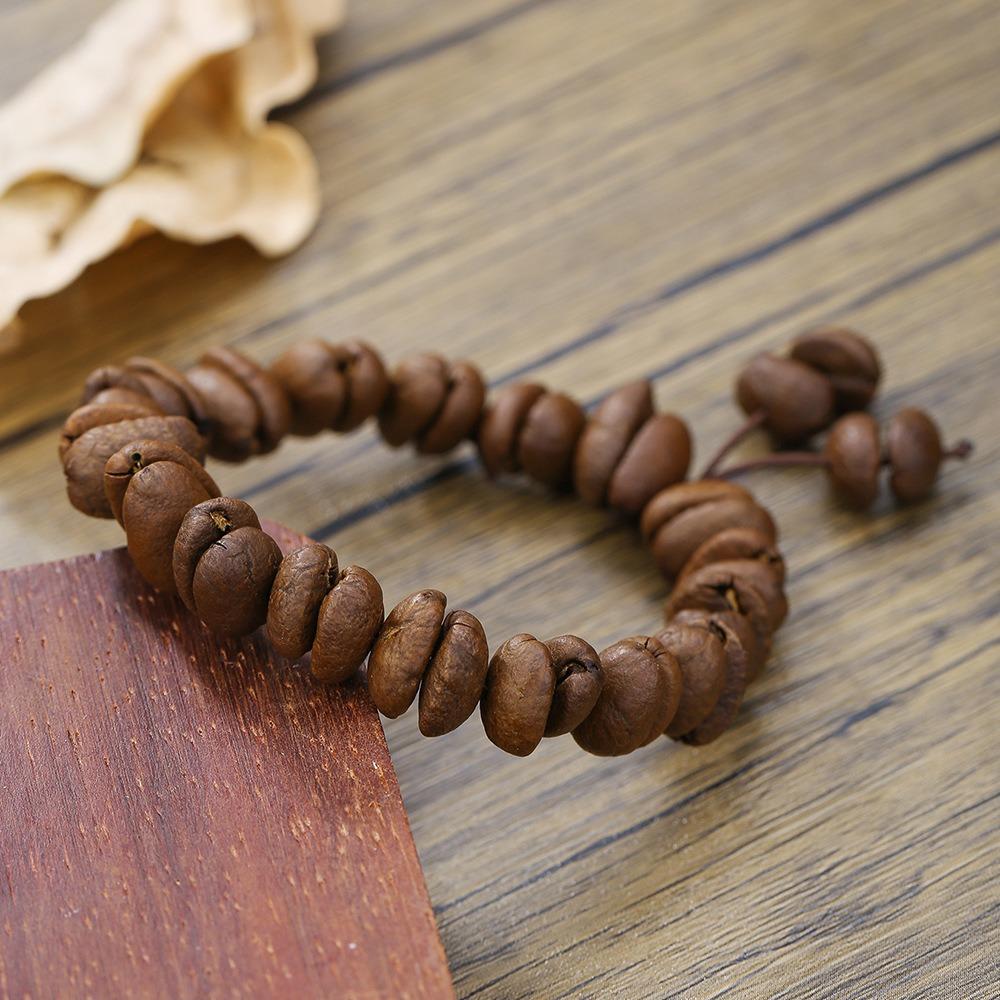 Handmade Natural Real Coffee Bean Bracelet Elastic Sandalwood Coconut Chip Wood Splicing Woven Jewelry Bracelet for Women