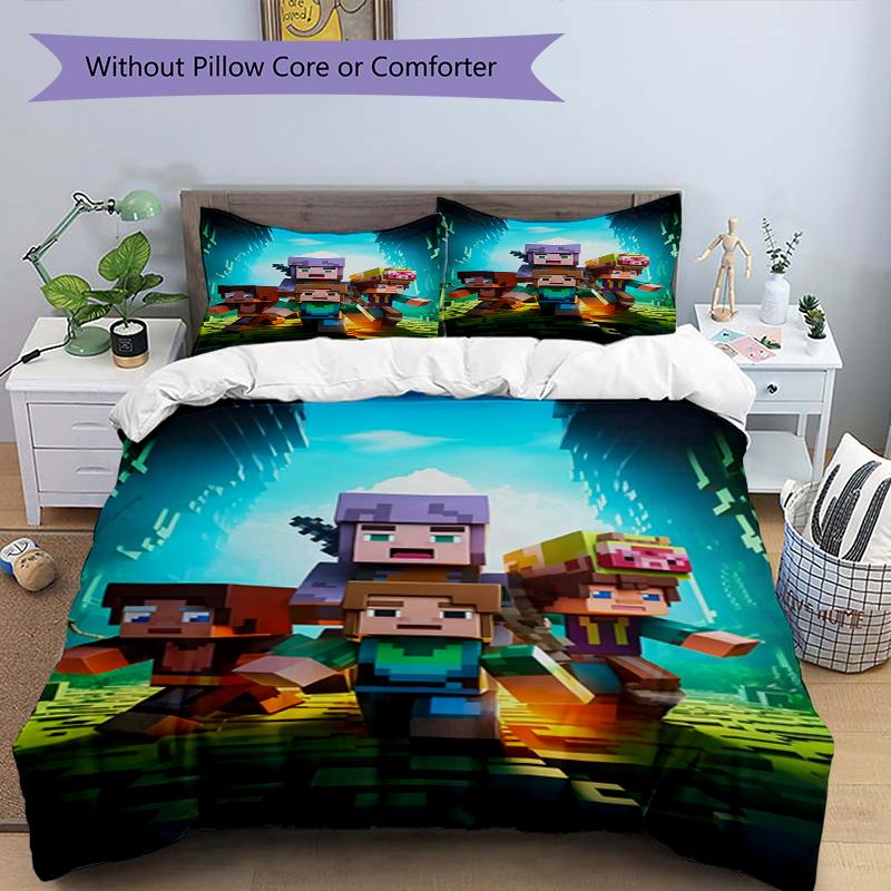 3pcs Duvet Cover Set (1*Duvet Cover + 2*Pillowcase, Without Core),Sandbox game Print Bedding Set, Bedroom Decor, All‑Season, Birthday Gift