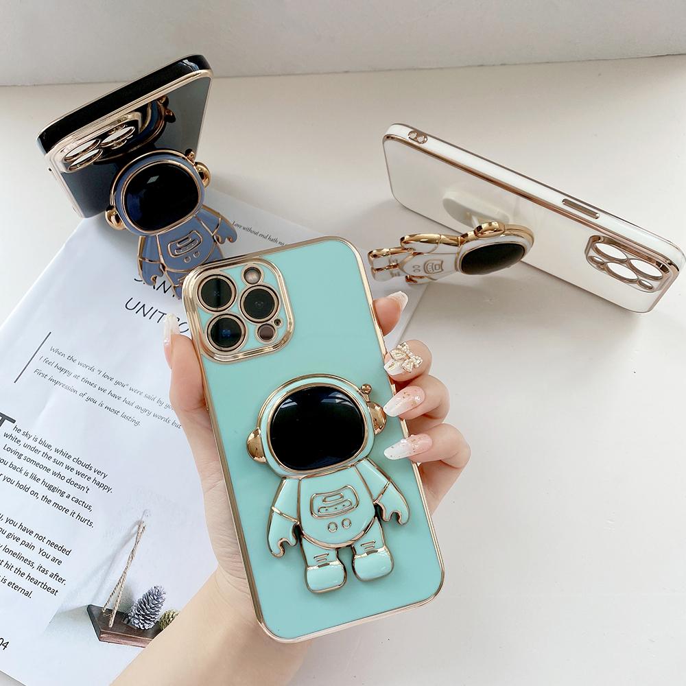 Мягкий чехол из ТПУ для телефона с держателем астронавта с золотым покрытием и краем для Samsung S23 S24 Ultra A15 A35 M54 Huawei P40 Honor 90 Lite, задняя крышка