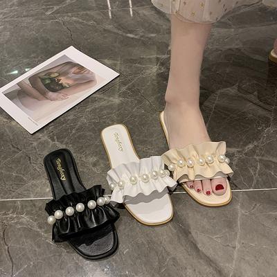 Кружевные тапочки Fairy Wind с листьями лотоса, женские, лето 2025, новые, универсальные, нежные, с жемчужным принтом, на плоской подошве, с юбкой, одно слово, перетаскивание