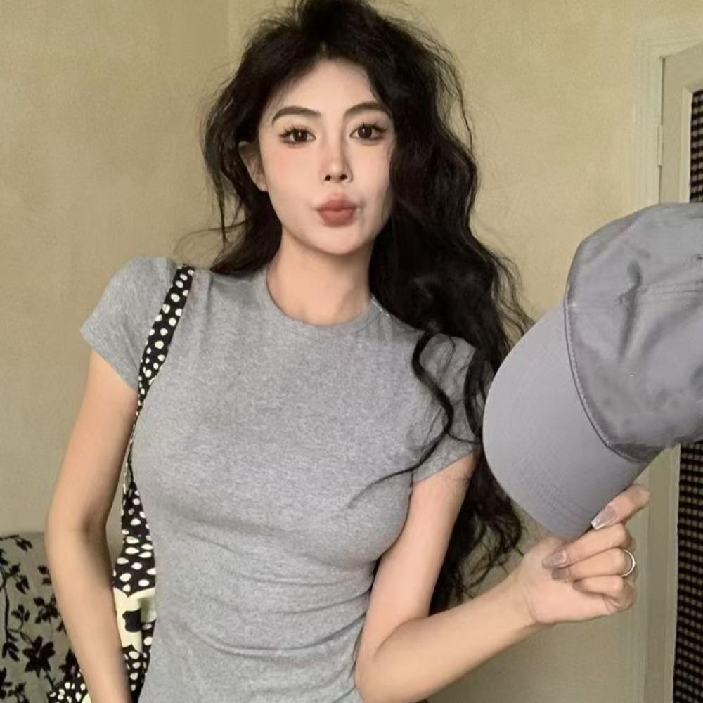 Solid Color Short Sleeve Tees Shirts Basic Pullover Tops Elegant Simple Crop Tops Woman