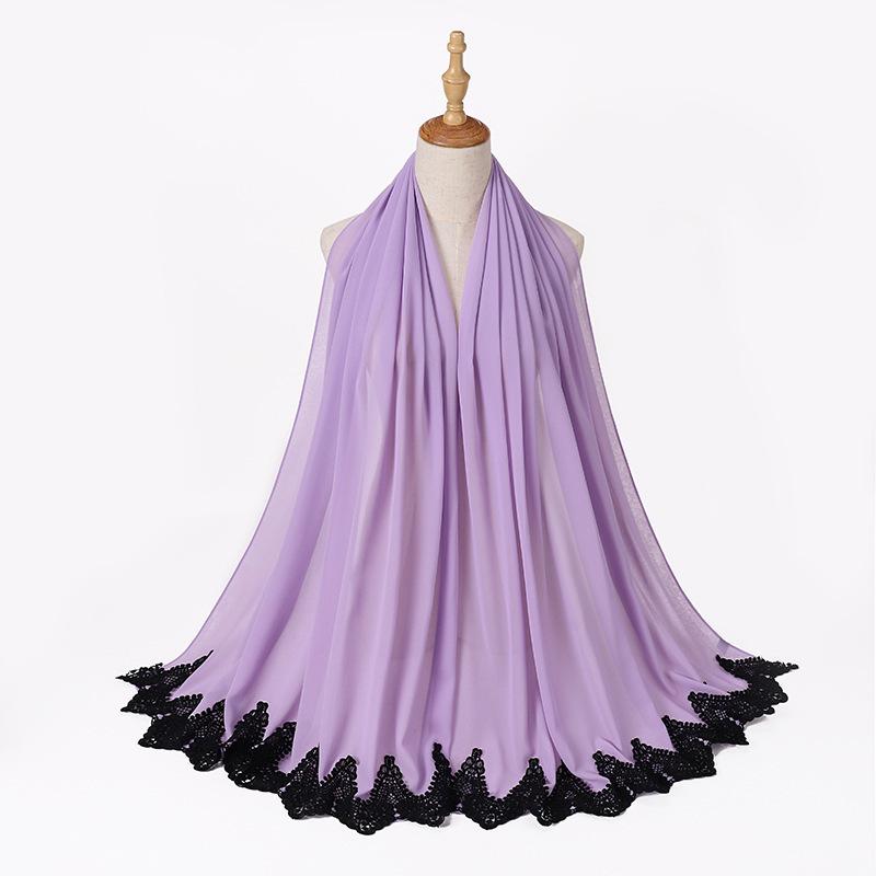 Новый жемчужный шифон Малайзия Мода Черные кружевные шарфы Мусульманский шаль Однотонный мягкий тюрбан Повязки на голову