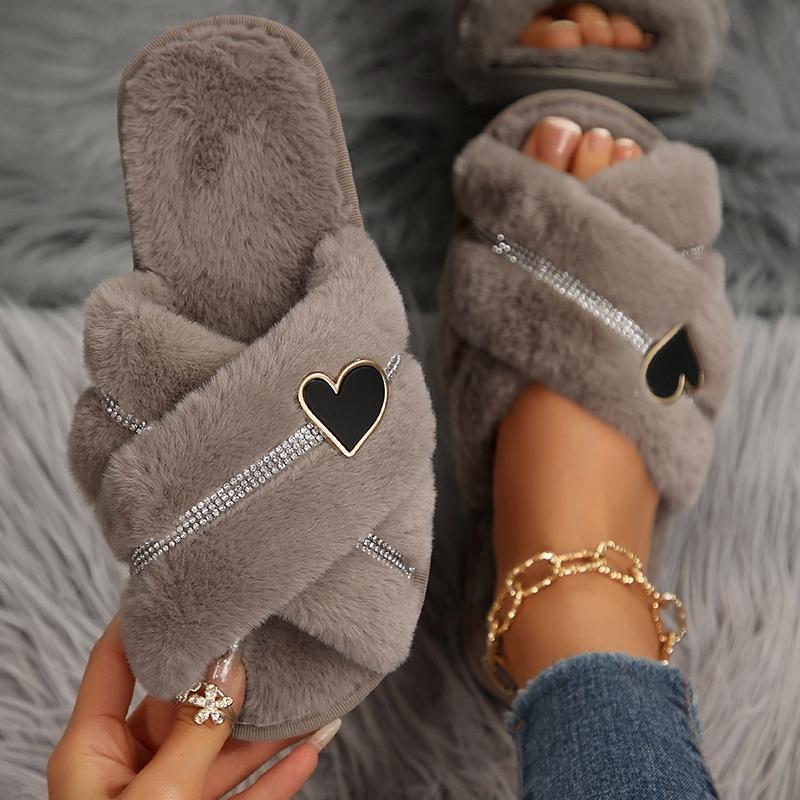Модные Модные Кристальные Шлепанцы с Меховыми Перекрестными Ремешками для Женщин Уютные Теплые Пушистые Зимние Тапочки Женские с Открытым Носком Мягкие Плюшевые Домашние Тапочки для Дома