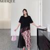MODIQUE Summer Plus Size New Women Loose Patchwork A-Line Lace Printing Plaid Long Dresses Elegant Lady Casual Cotton O-Neck Short Sleeve Skirt