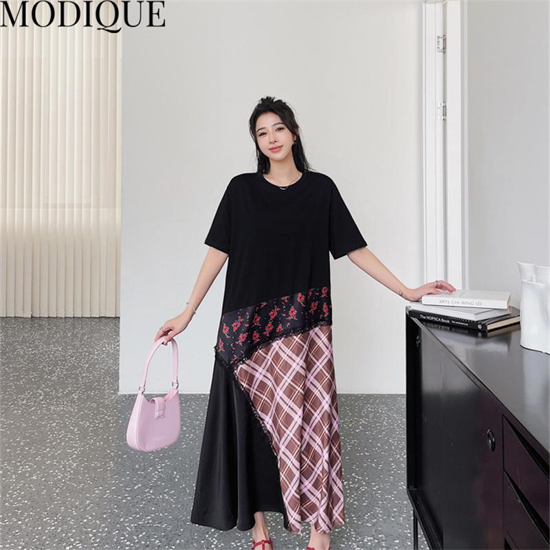 MODIQUE Summer Plus Size New Women Loose Patchwork A-Line Lace Printing Plaid Long Dresses Elegant Lady Casual Cotton O-Neck Short Sleeve Skirt