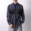 Spring Autumn Long-sleeved Denim Shirts Men Stitching Striped Overcoats Male Loose Pockets Casual Shirt