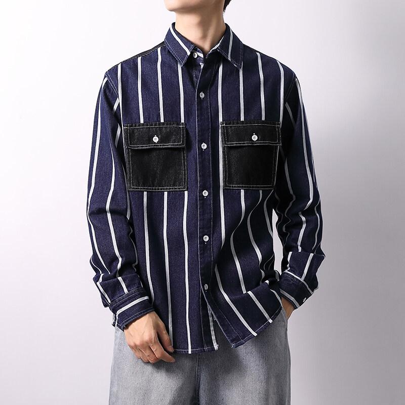 Spring Autumn Long-sleeved Denim Shirts Men Stitching Striped Overcoats Male Loose Pockets Casual Shirt
