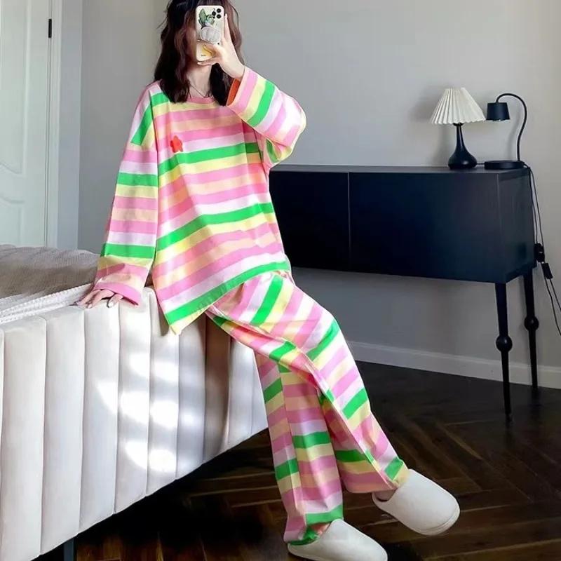 Long Sleeved Pajamas Set Women Autumn Student Girls Rainbow Loungewear Can Be Worn Outside Loose Clothes