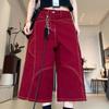 Красные женские укороченные брюки с несколькими карманами, американские ретро, свободные, женские брюки карго, с высокой талией, универсальная летняя одежда
