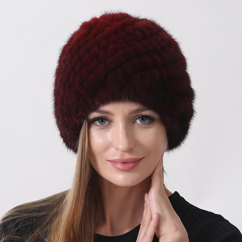 Шапки из натурального норкового меха для женщин, шапка-бини с ананасом, вязаные эластичные классические женские зимние теплые шапки