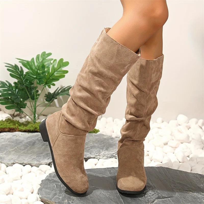 Сапоги-плиссе женские из искусственной замши с флоком, высокие сапоги до колена, зимняя женская мода 2024 года, сапоги-ботфорты на низком квадратном каблуке, женские сапоги-рыцари