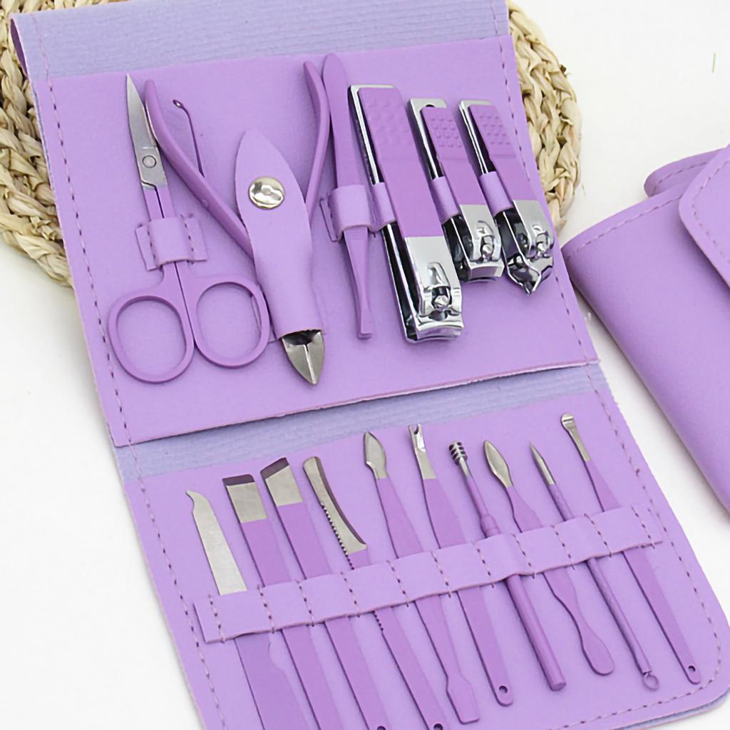 16pcs Steel Nail Clippers Set Steel Manicure Set Professional Pedicure Grooming Kit Purple