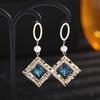 2022 Fashion Temperament Geometry Earrings for Female Design Cube Crystal Blue Dangler Luxury Pearl Pendant Earring