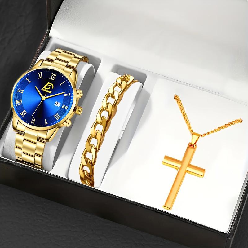 3pcs/set, Fashion Men's Business Calendar Stainless Steel Quartz Watch & Bracelet & Cross Pendant Necklace