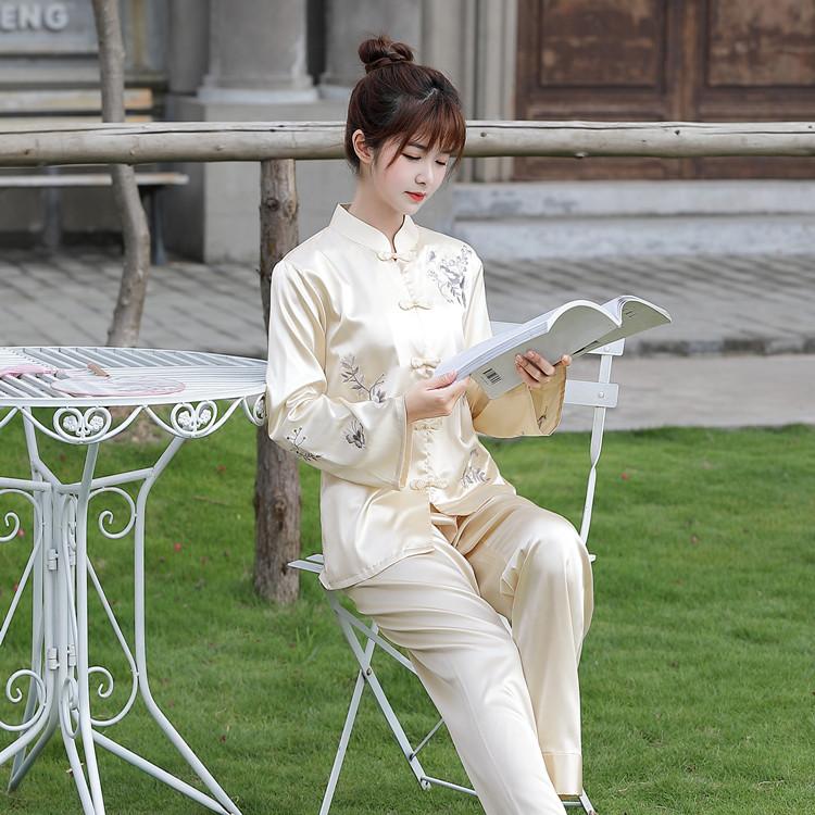 Pritning Flower Chinese Pajamas Sleep Set Shirt Pant Stand Collar Nightwear 2Pcs Embroidery Silk Vintage Button Sleepwear