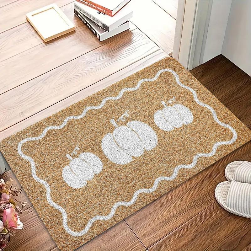A Brown-based White-edged Welcome Doormat with a Three-pumpkin Print Design, Featuring a Sponge Thickness of 1.19 cm and a Weight of 600 Grams Per Squ