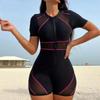 Гидрокостюм для серфинга с коротким рукавом Черный цельный купальник Женский 2026 Пэчворк Сексуальный Мягкий Купальный костюм Спортивный купальник Молния Купальный костюм