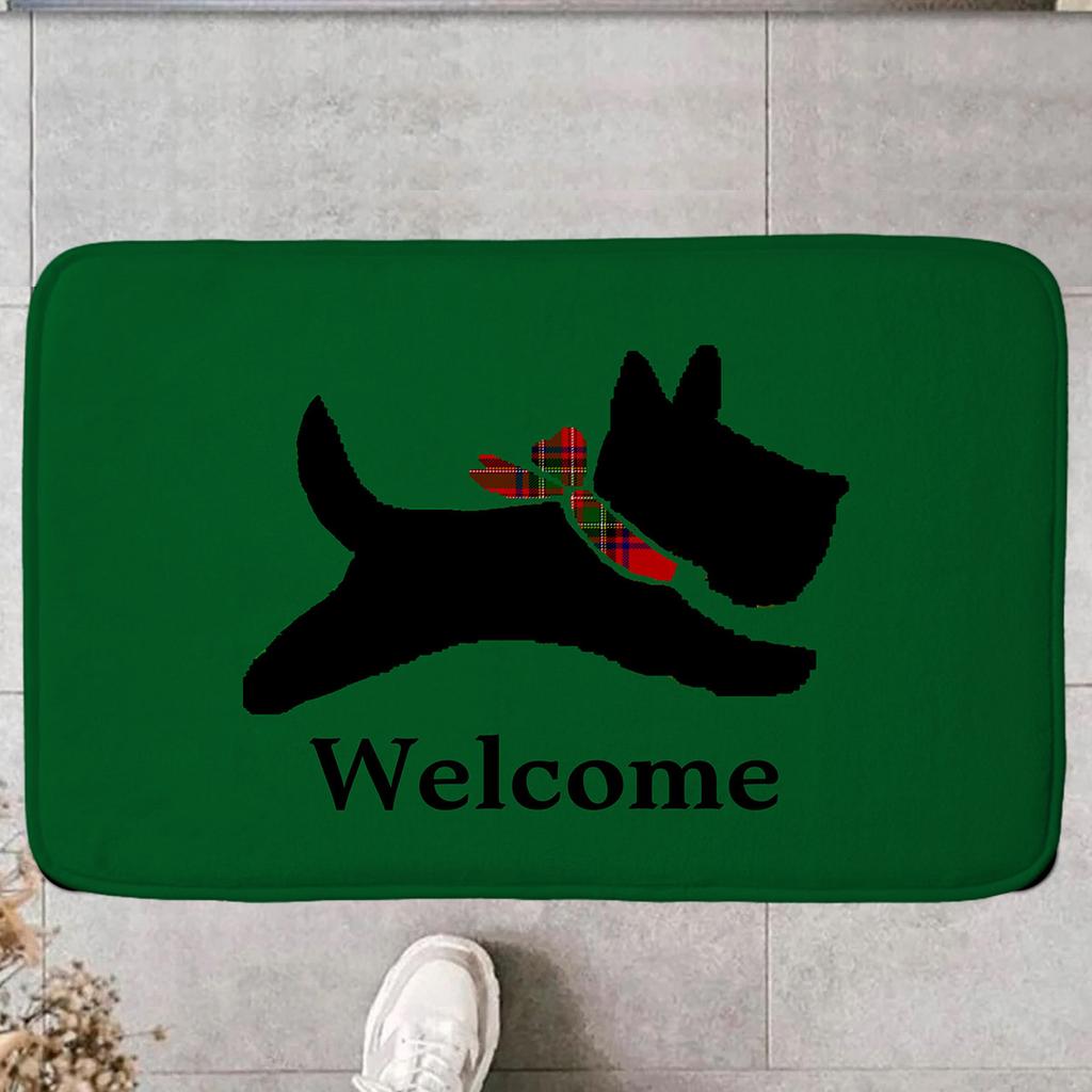 Scottish Terrier Welcome Doormat Black Scottie Dog Red Plaid Scarf Green Entrance Rug Cute Dog Welcome Floor Mat Home Decor
