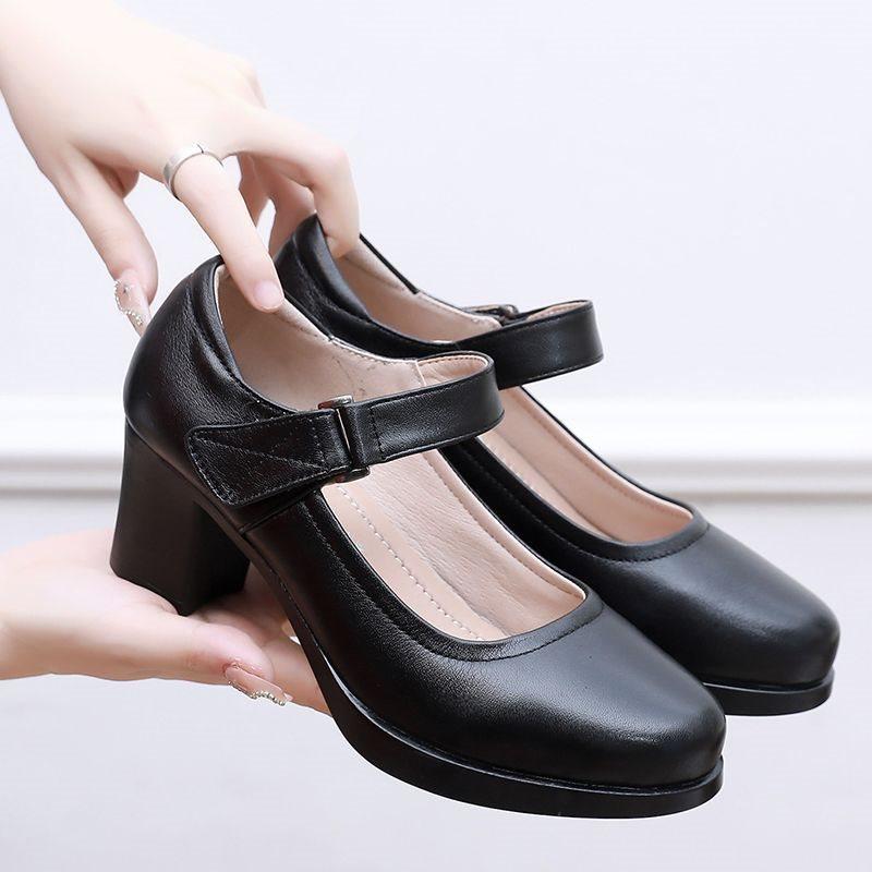 Medium Heel Cheongsam Catwalk Shoes Round Head Thick Heel Women's Professional Work Shoes Beef Tendon Sole Single Shoes Mother