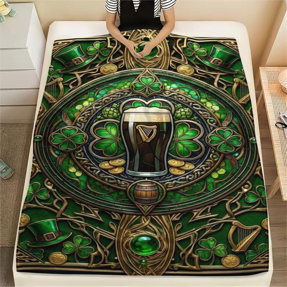 1Pc St.Patrick's Day Print Flannel Blanket, High quality Comfortable for All Seasons, Home Decor, Warmth and Comfort, Perfect for Christmas Gifts W73