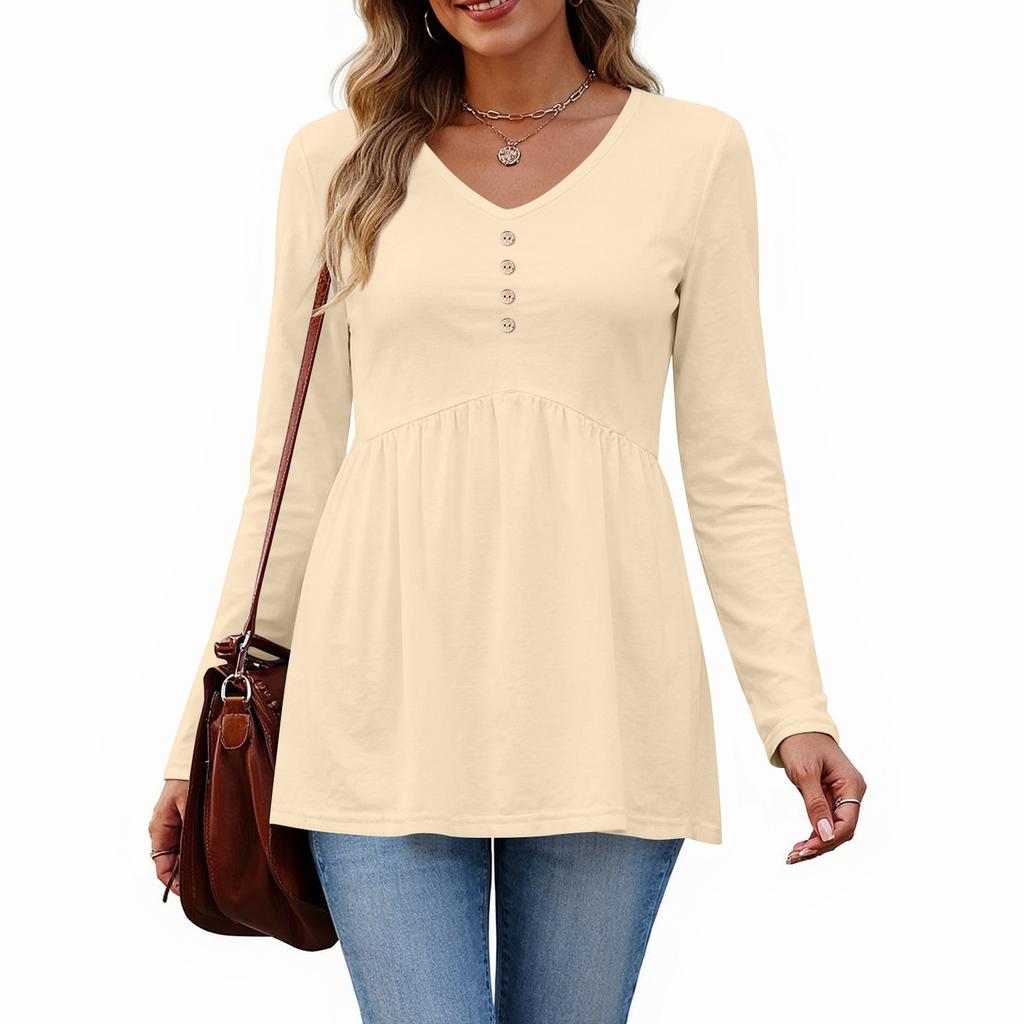 Women's Casual Fashion V-Neck Button Solid Color Long Sleeve Top