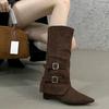 Fashion 2025Vintage Suede Women Trouser Legs Boots Fashion Belt Buckle Slip On Shoes Autumn Winter Wedges Heel Ladies Long Booties