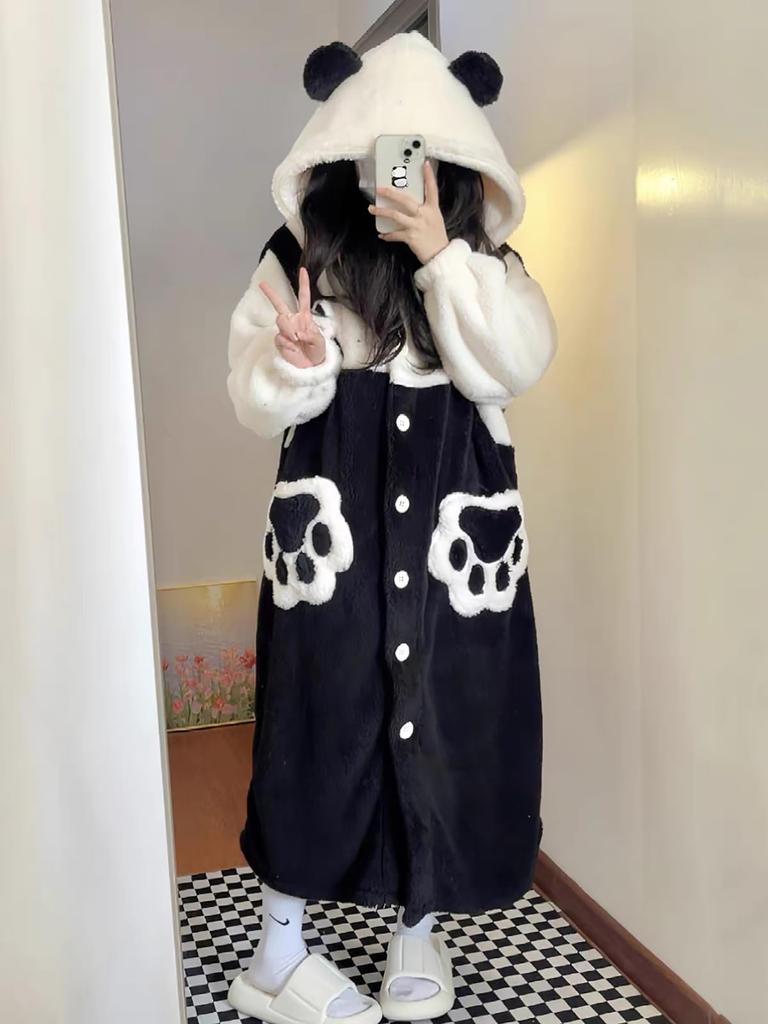 LAVASEON Cute Panda Winter Fluffy Hooded Pajamas with Plus Sizes Thick and Warm for Fall and Stylish and Warm Women's Pajamas, Loungewear, Gloves,