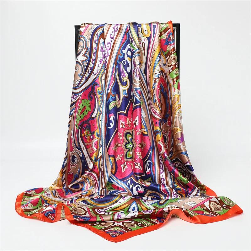 New Spring/Summer Orange Imitation Silk Neckerchief Outdoor Decoration Wraps for Women 90*90cm Cashew Print Square Scarf